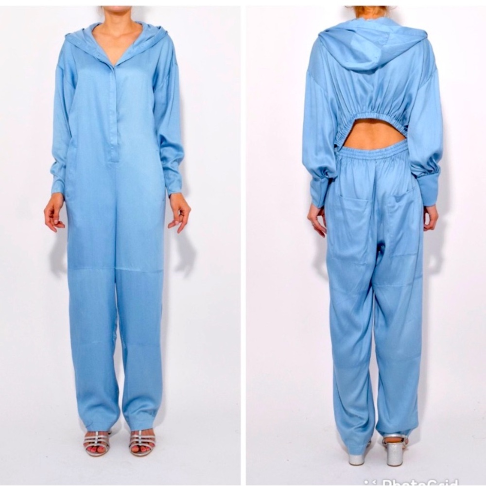 Tibi Blue Hooded Jumpsuit with Open Back